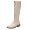 Stretch knee high boots with zipper and low heels