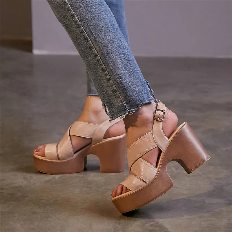 Genuine leather high heel platform sandals with buckle - Image 3
