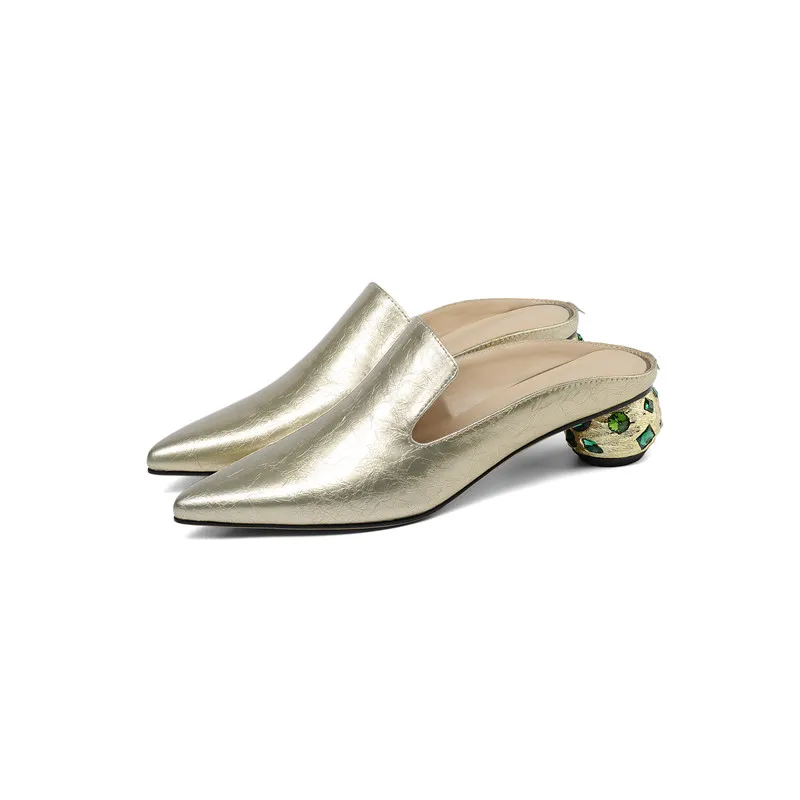 Thick heels rhinestone pointed toe leather mules sandals - Image 7