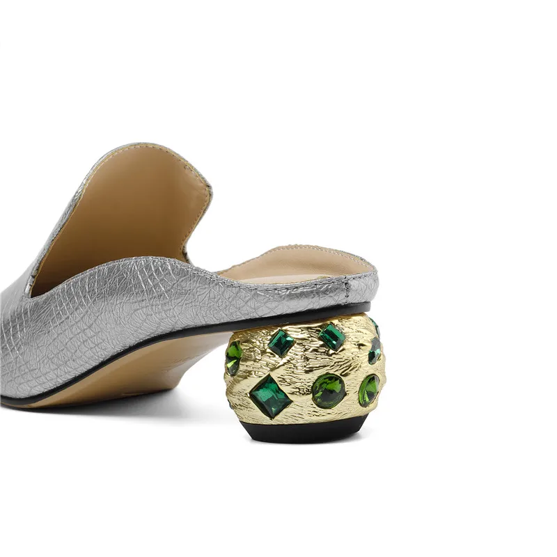 Thick heels rhinestone pointed toe leather mules sandals - Image 9