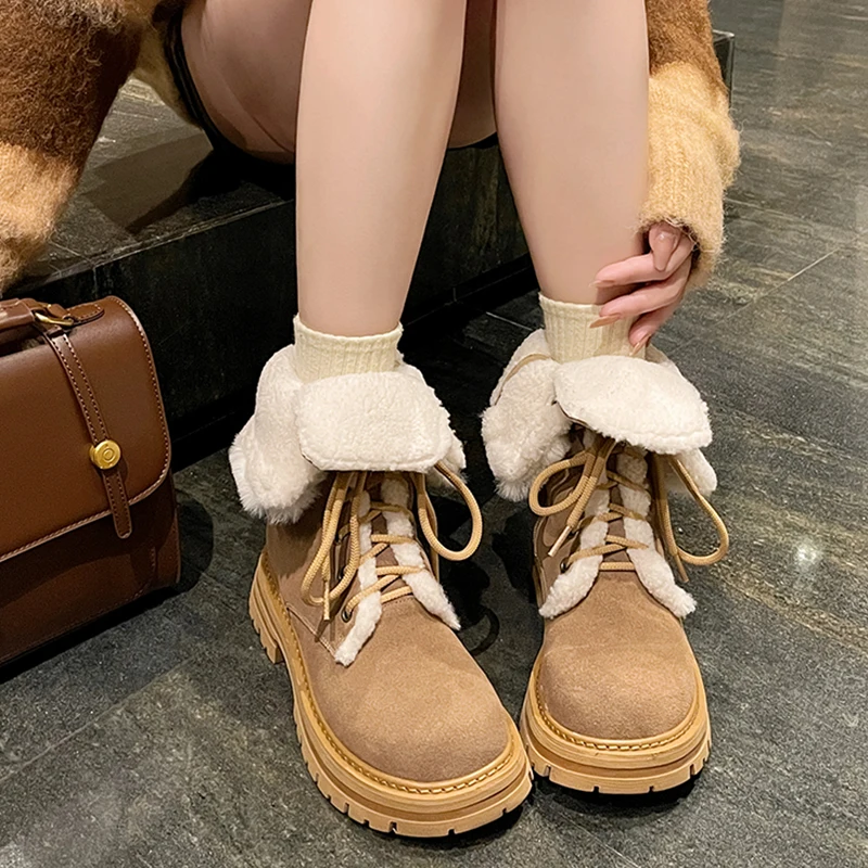 Suede leather snow boots with plush fur and thick heels - Image 2