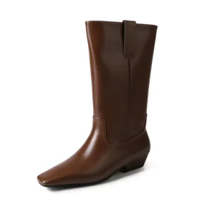 Wide calf real leather winter boots with thick heels