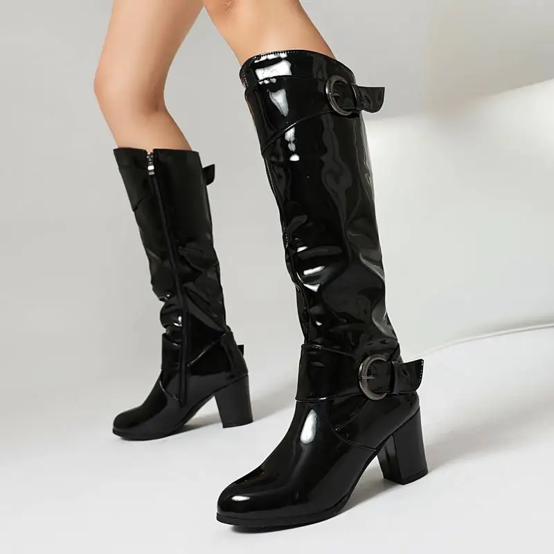 Plus size block high heels knee high boots with zipper and buckle - Image 2