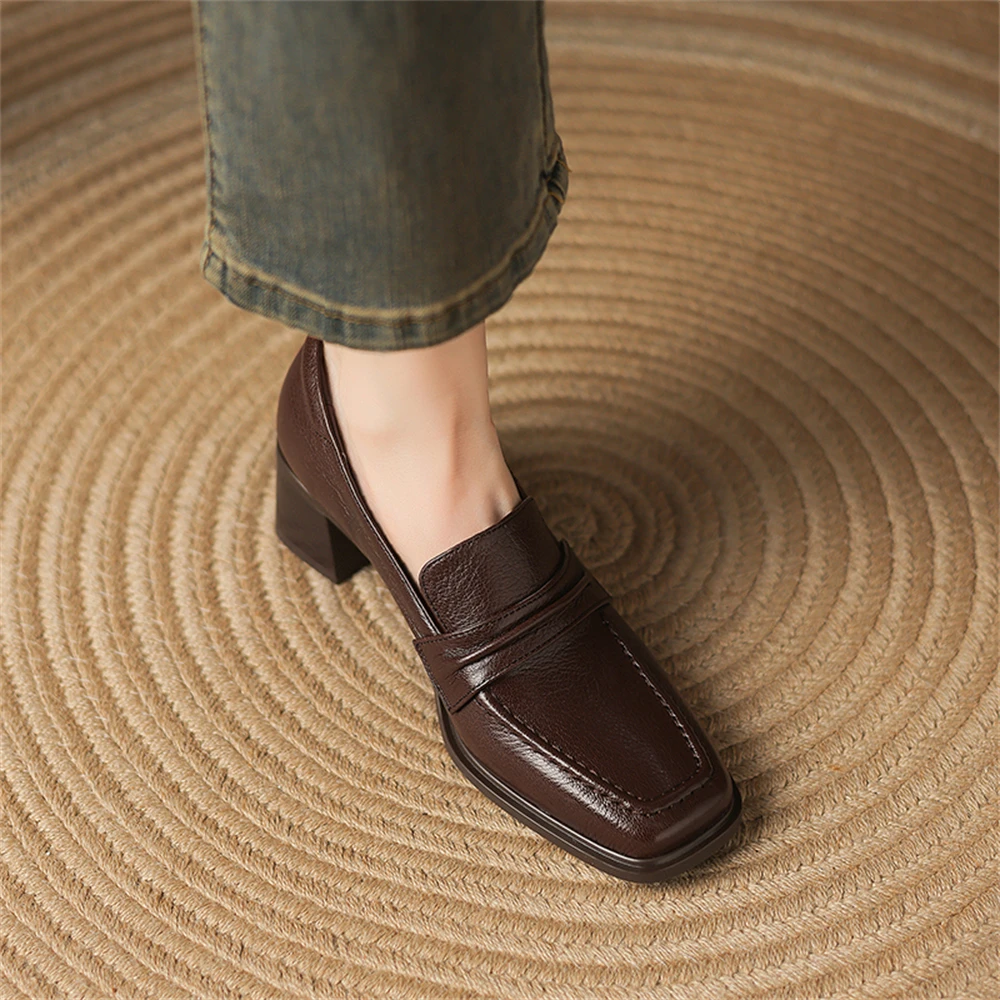 Retro genuine leather high heel pumps with square toe - Image 4