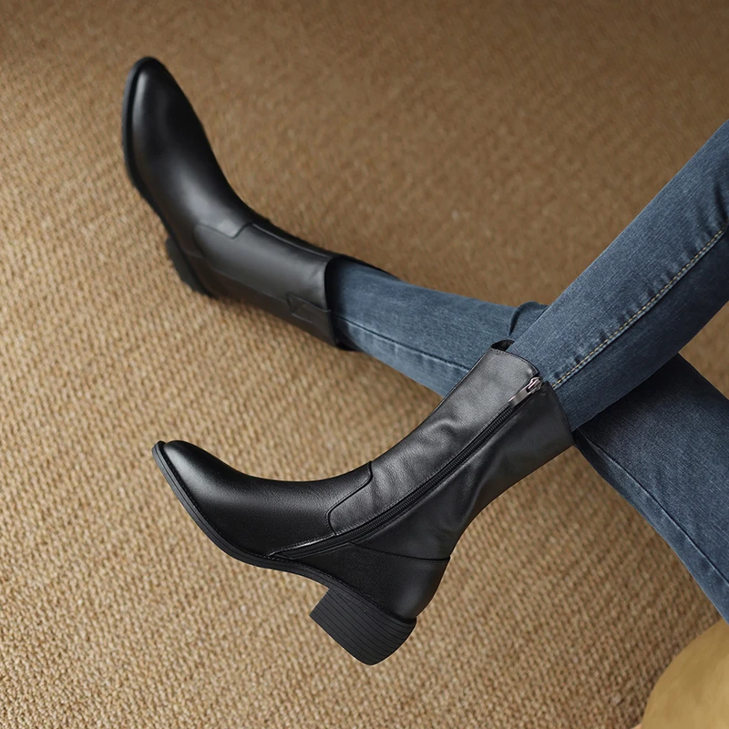 Genuine leather zipper mid calf boots with square heels - Image 4