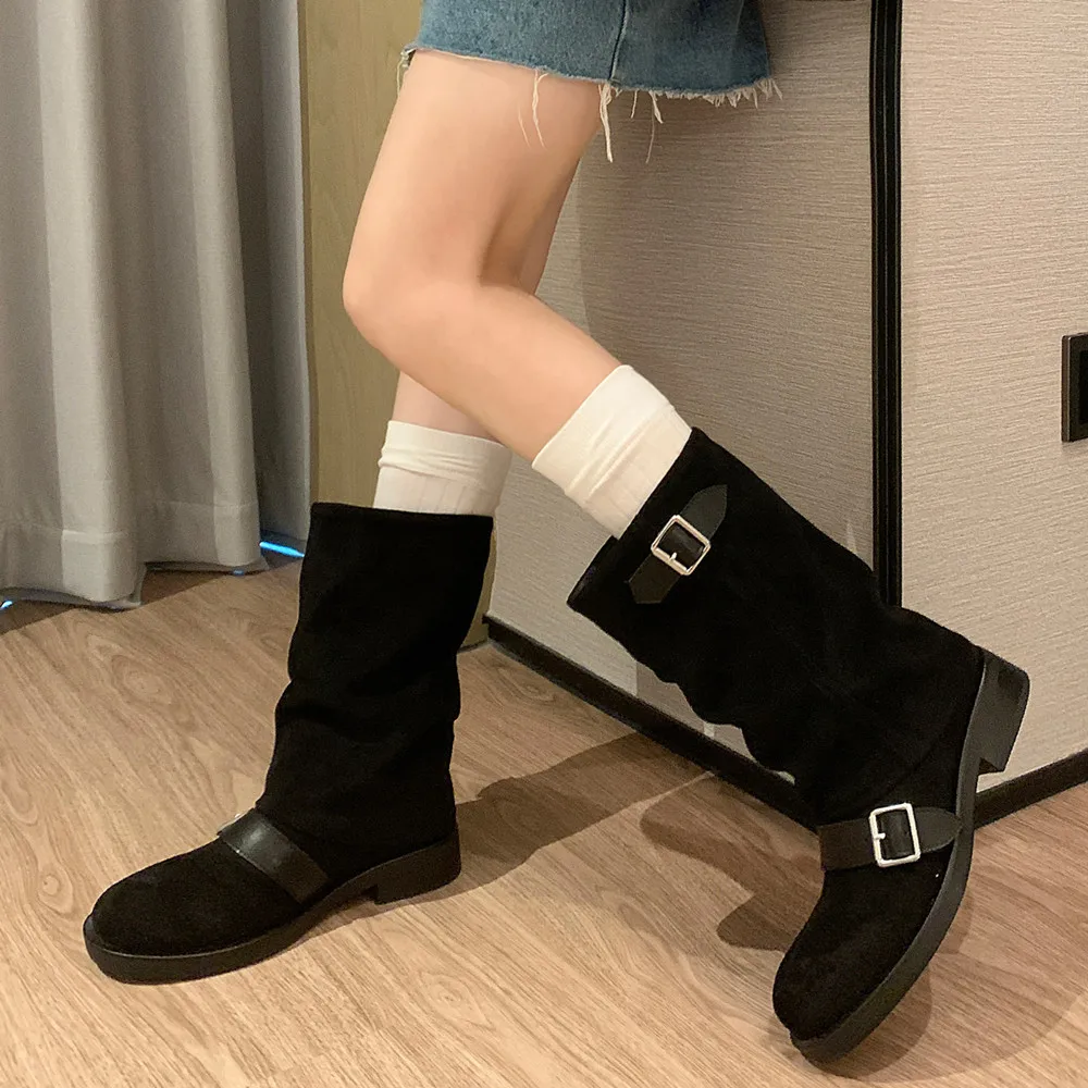 Mid-calf denim boots with round toe and buckle - Image 6