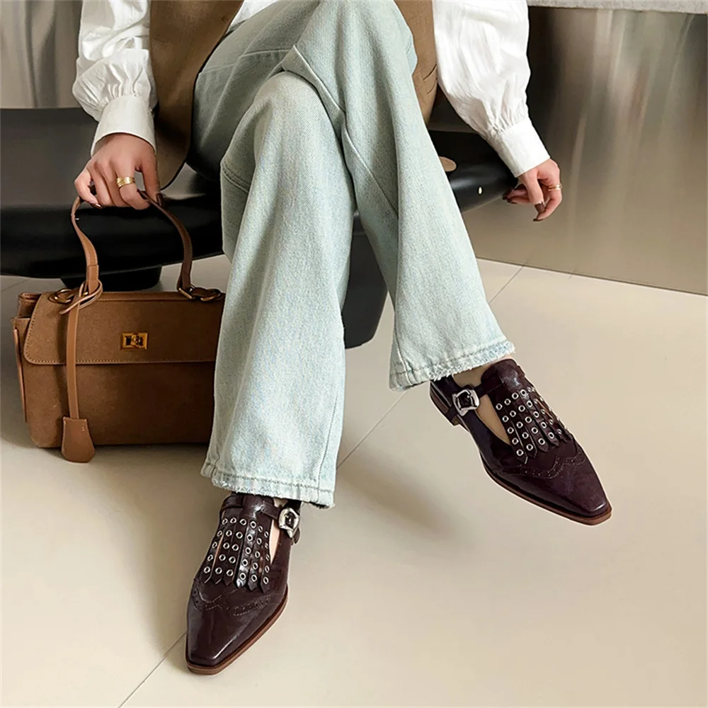 Punk rivet genuine leather low heel pumps - Image 9