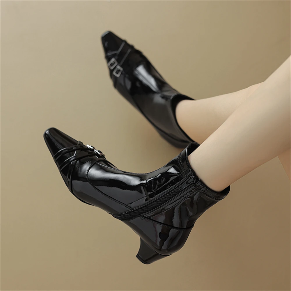 Pointed toe buckle ankle boots high heels genuine leather - Image 3