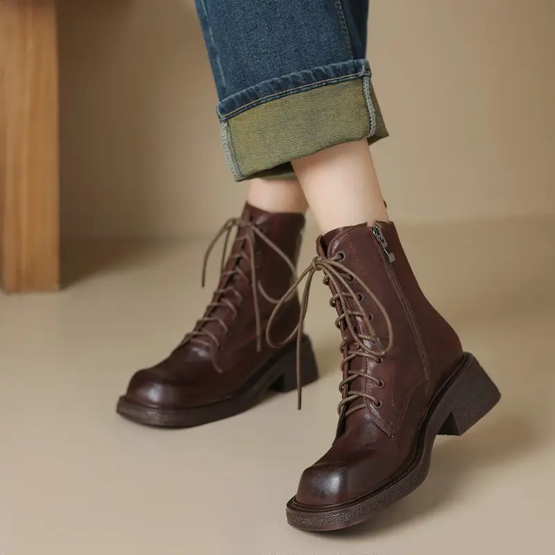 Genuine leather ankle boots with round toe and lace-up design - Image 4