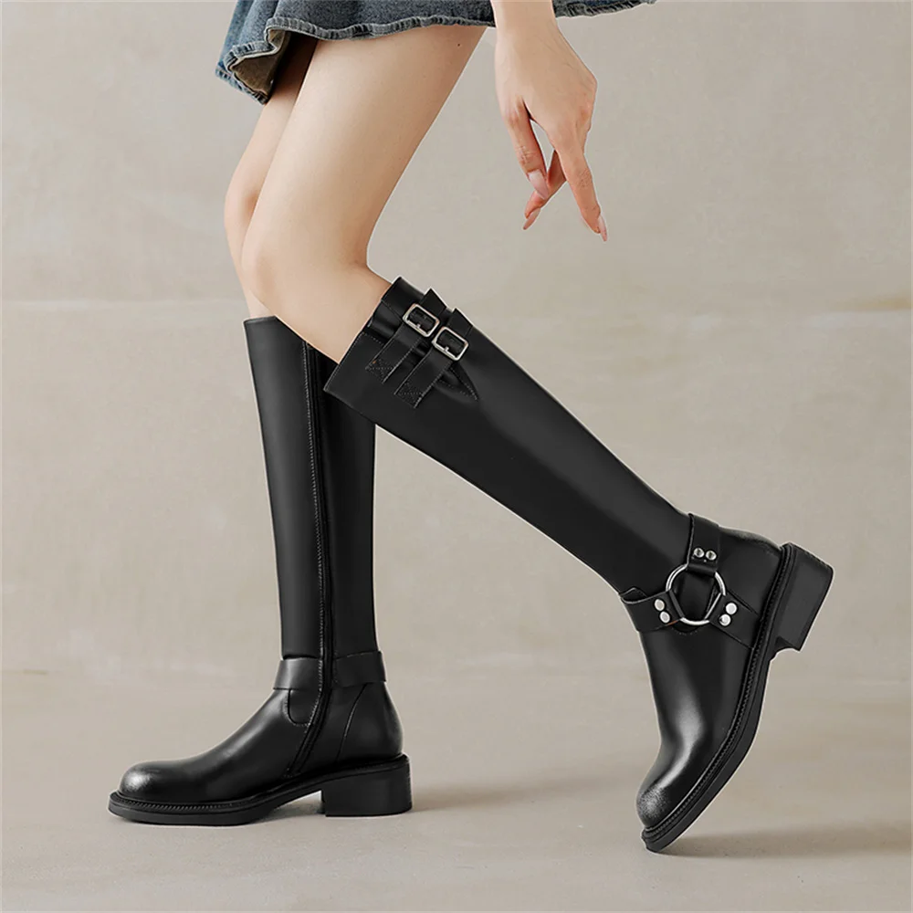 Genuine leather knee high buckle boots for women - Image 2
