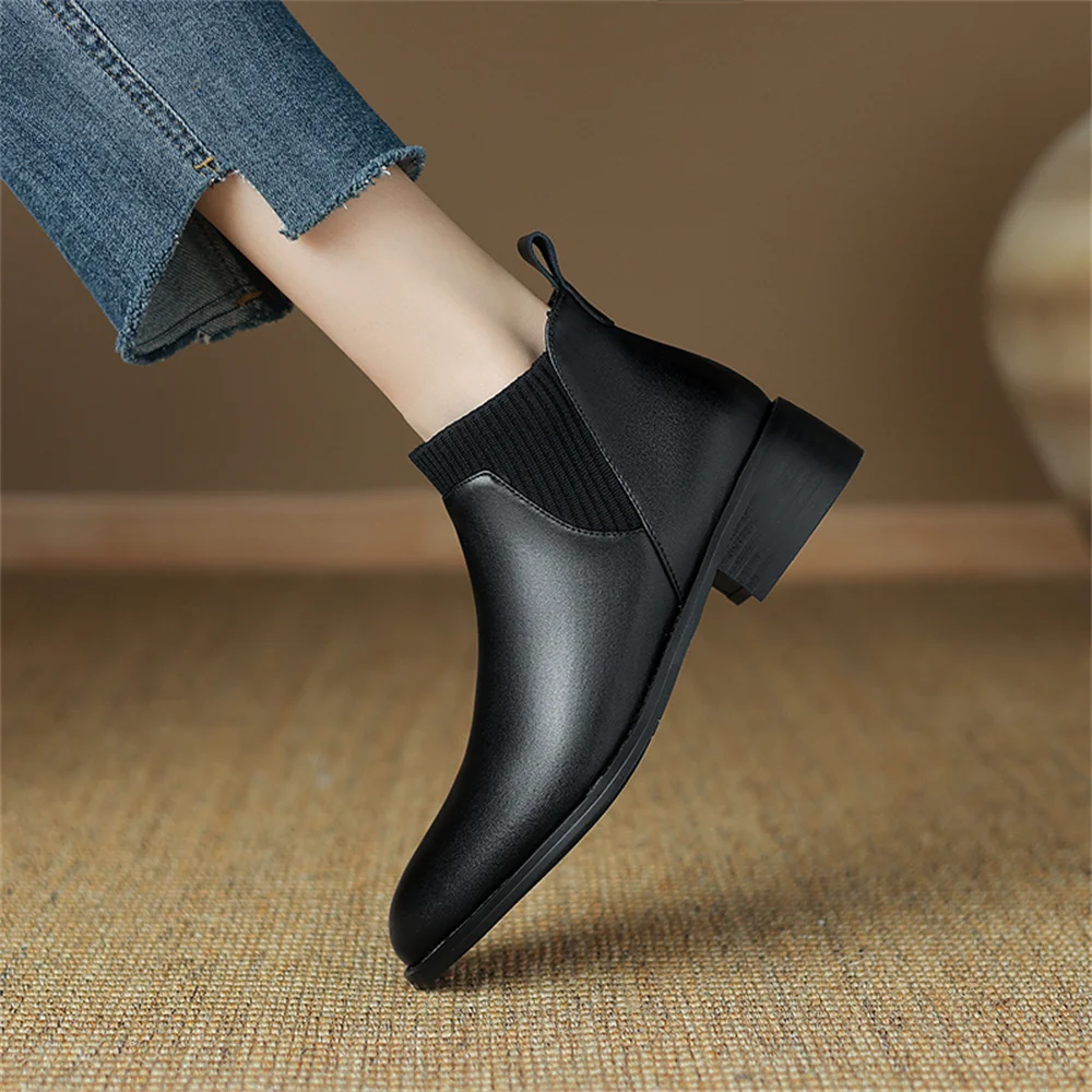Genuine leather ankle boots round toe fashion comfortable warm black brown - Image 4