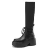 Genuine leather stretch mid calf platform boots