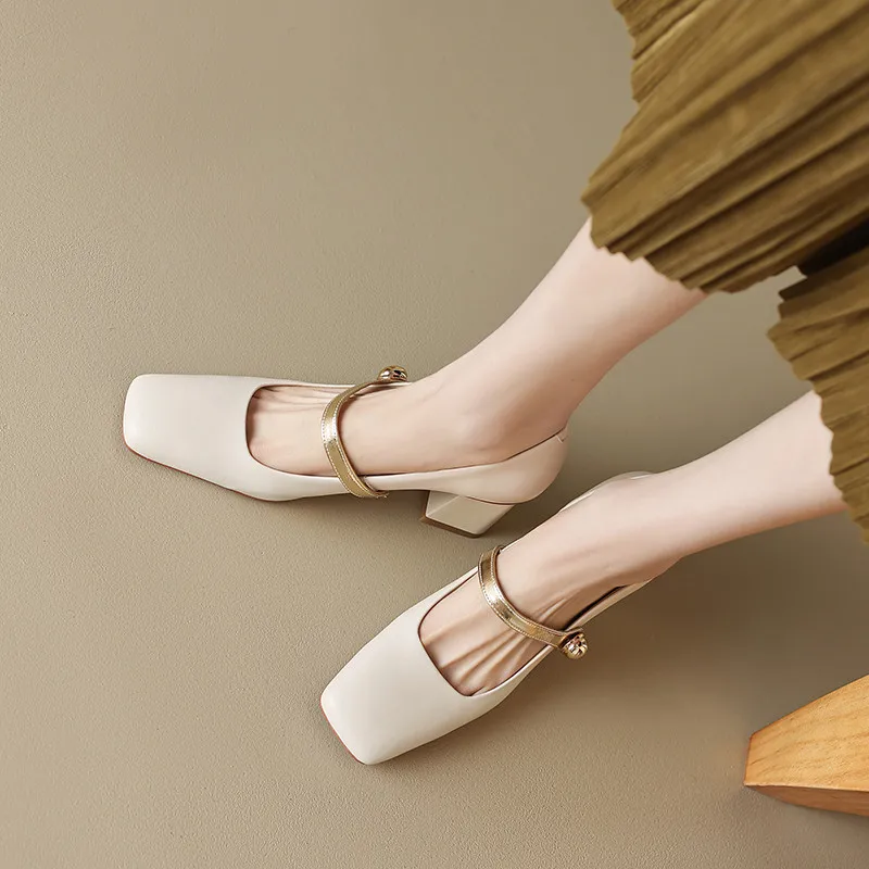 Genuine leather vintage square toe high heels mary janes shoes - Image 6