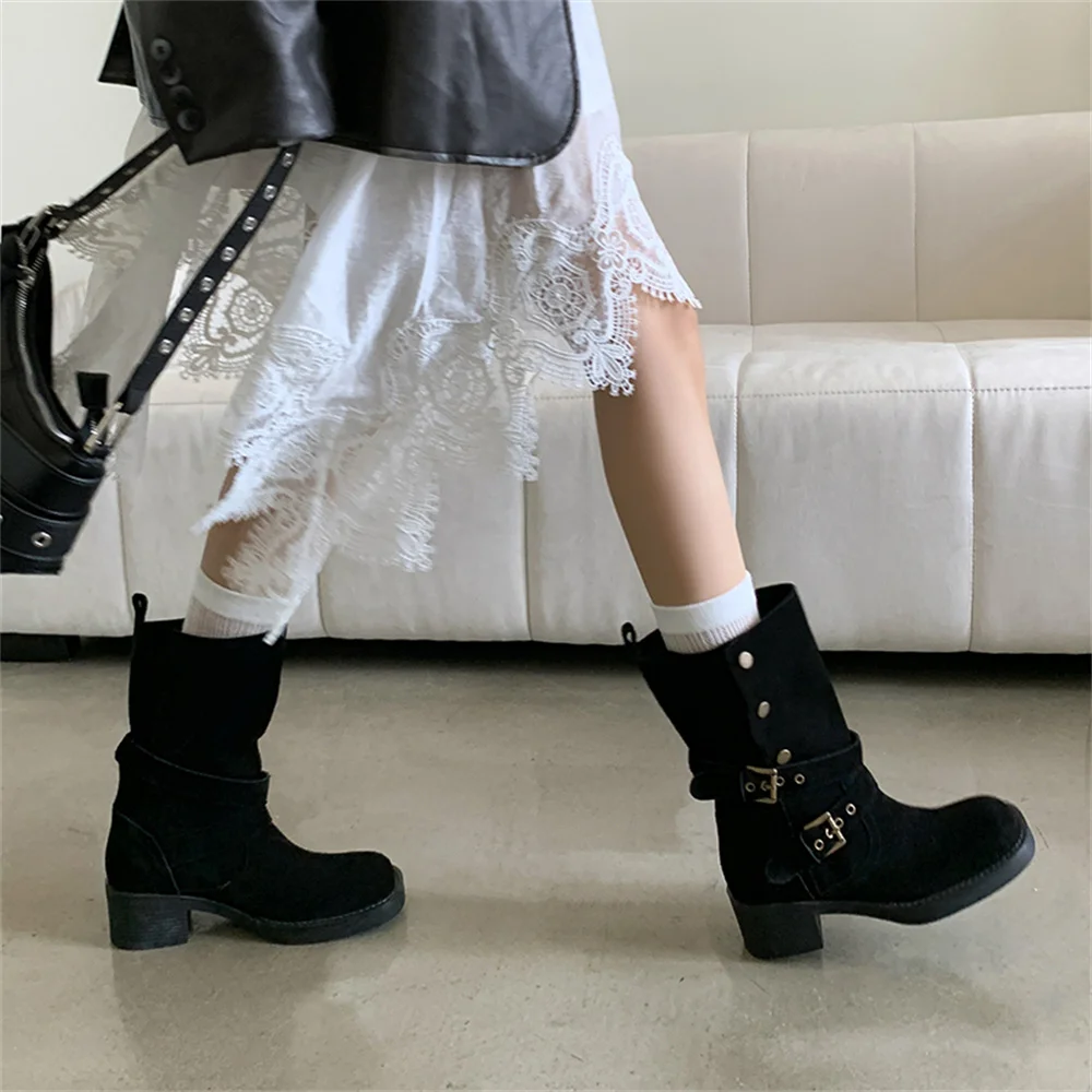 Suede leather mid-calf motorcycle boots with thick heels and buckles - Image 4