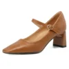 Genuine leather chunky heels mary jane pumps