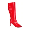 Knee high peep toe boots with heels in red, white, and black