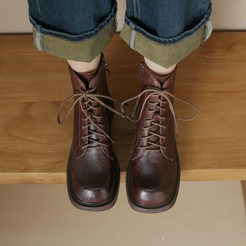 Genuine leather ankle boots with round toe and lace-up design - Image 5