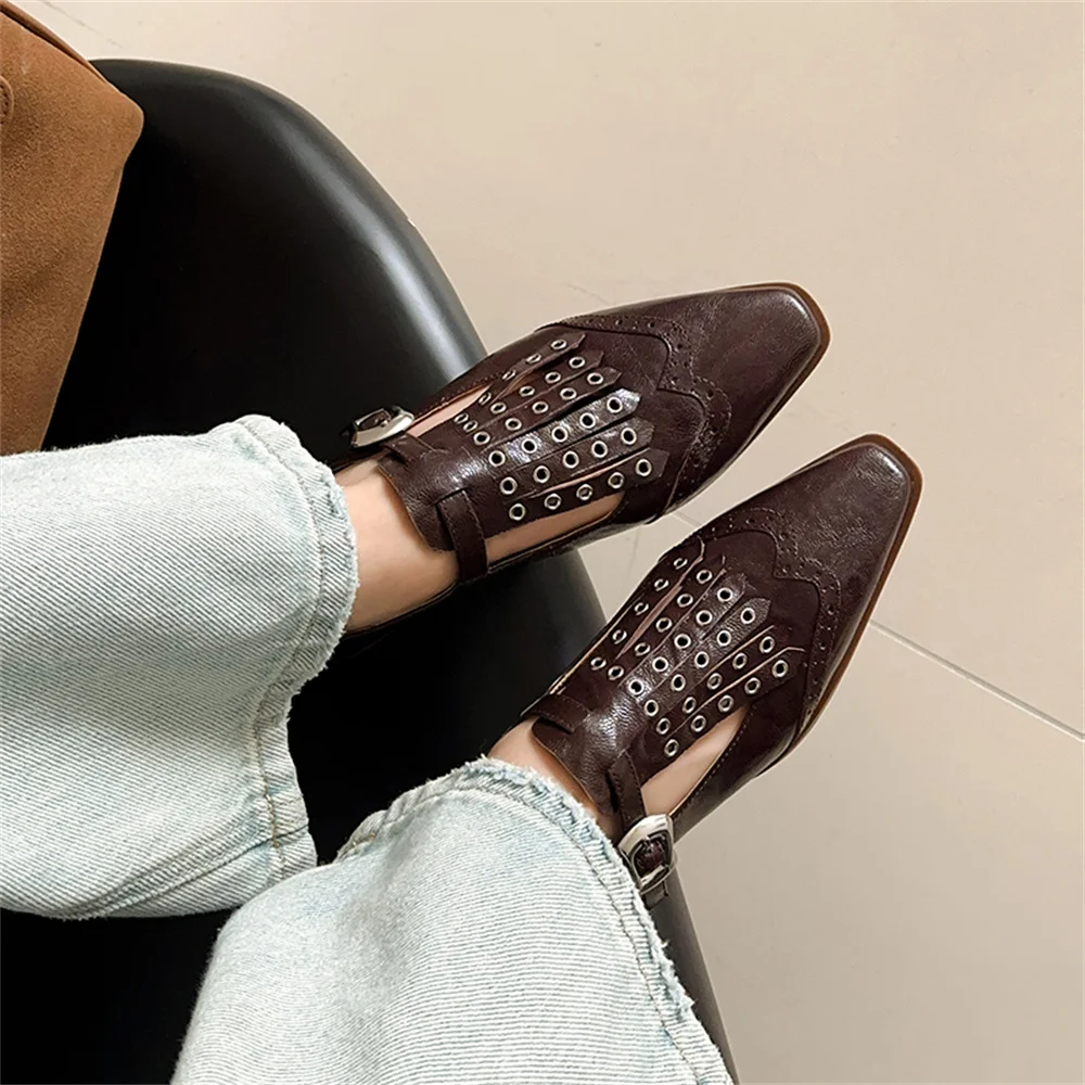 Punk rivet genuine leather low heel pumps - Image 6