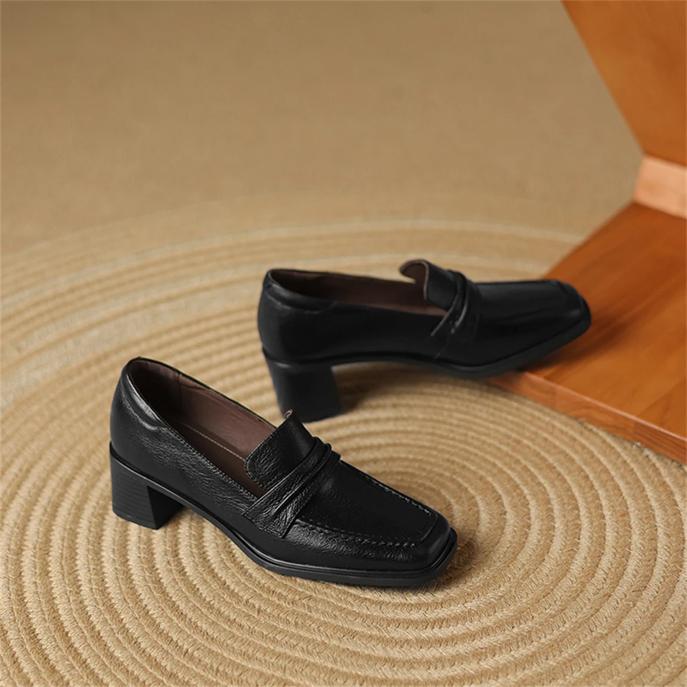 Retro genuine leather high heel pumps with square toe - Image 7