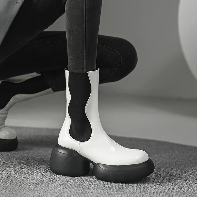 Mixed color platform mid calf leather chelsea boots - Image 4