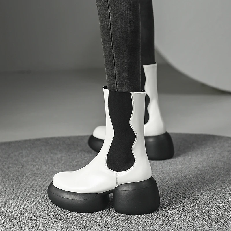 Mixed color platform mid calf leather chelsea boots - Image 2