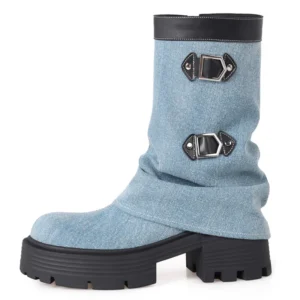 Denim pleated mid calf zipper platform boots