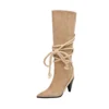Pointed toe knee-high lace-up high heel boots