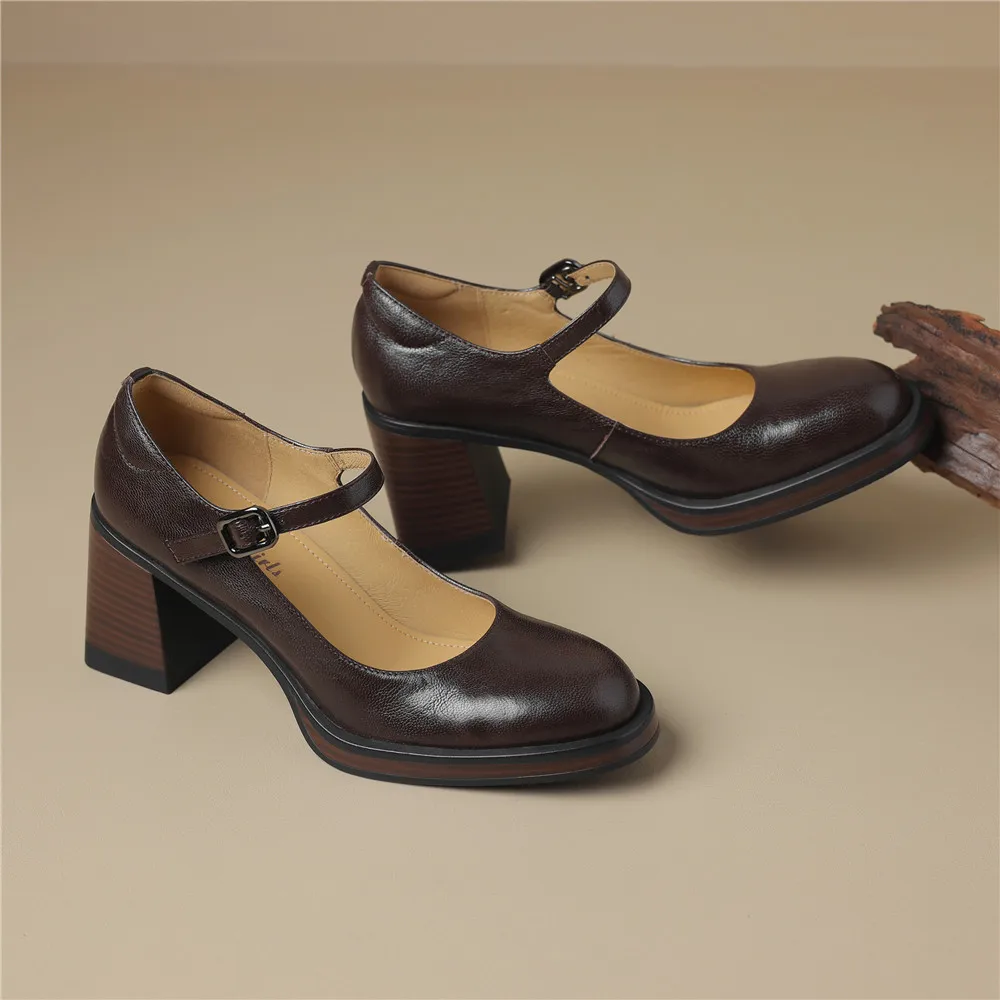 Genuine leather round toe high heels mary janes shoes - Image 6