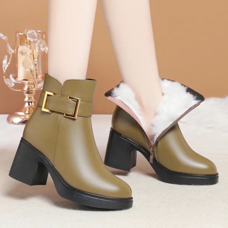 Genuine leather high heel ankle boots with wool lining - Image 2