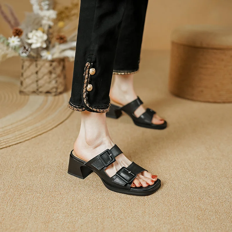 Genuine leather chunky heeled sandals open toe casual shoes - Image 5