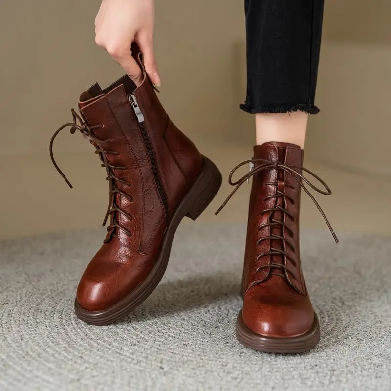 Genuine leather mid heel ankle boots for women - Image 5