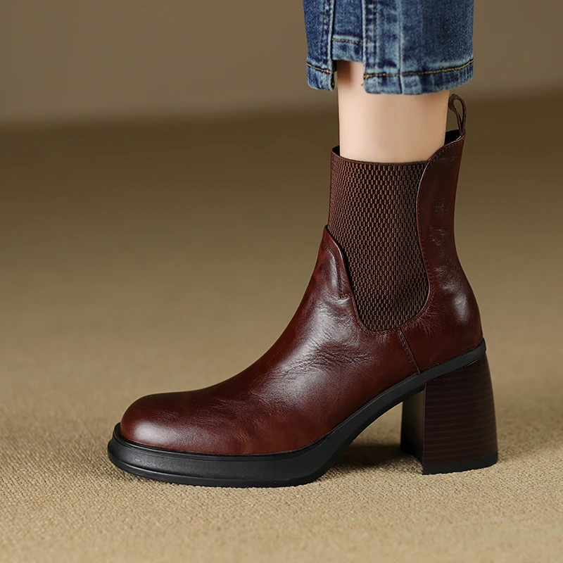 Genuine leather black round toe high heel chelsea ankle boots - Image 2