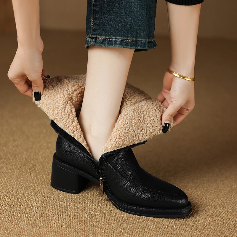 Genuine leather winter ankle boots with velvet lining and zipper - Image 2
