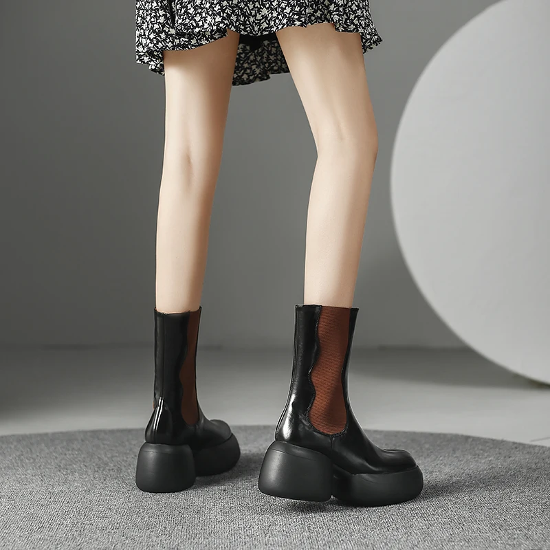 Mixed color platform mid calf leather chelsea boots - Image 5