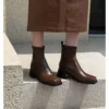 Genuine leather square toe ankle boots with thick heels