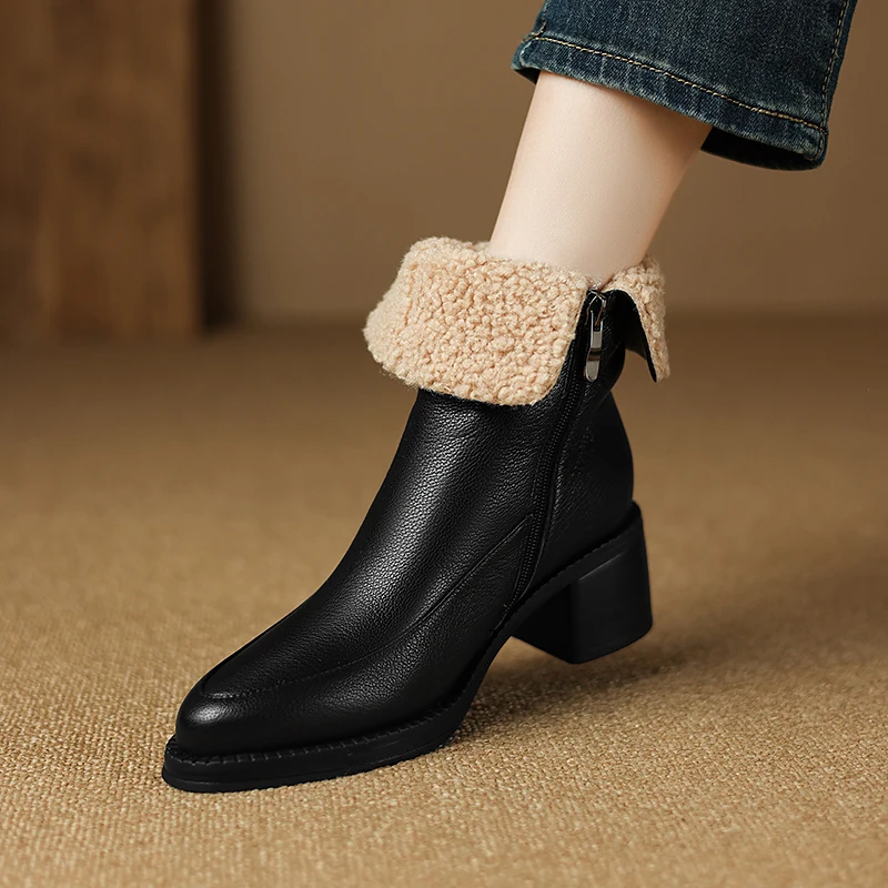 Genuine leather winter ankle boots with velvet lining and zipper - Image 3