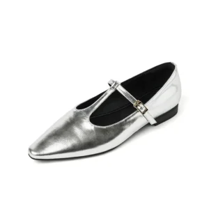 Genuine leather chunky heel t-strap loafers