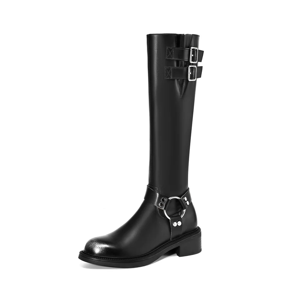 Genuine leather knee high buckle boots for women - Image 6