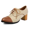 Mixed color lace up block heel pumps