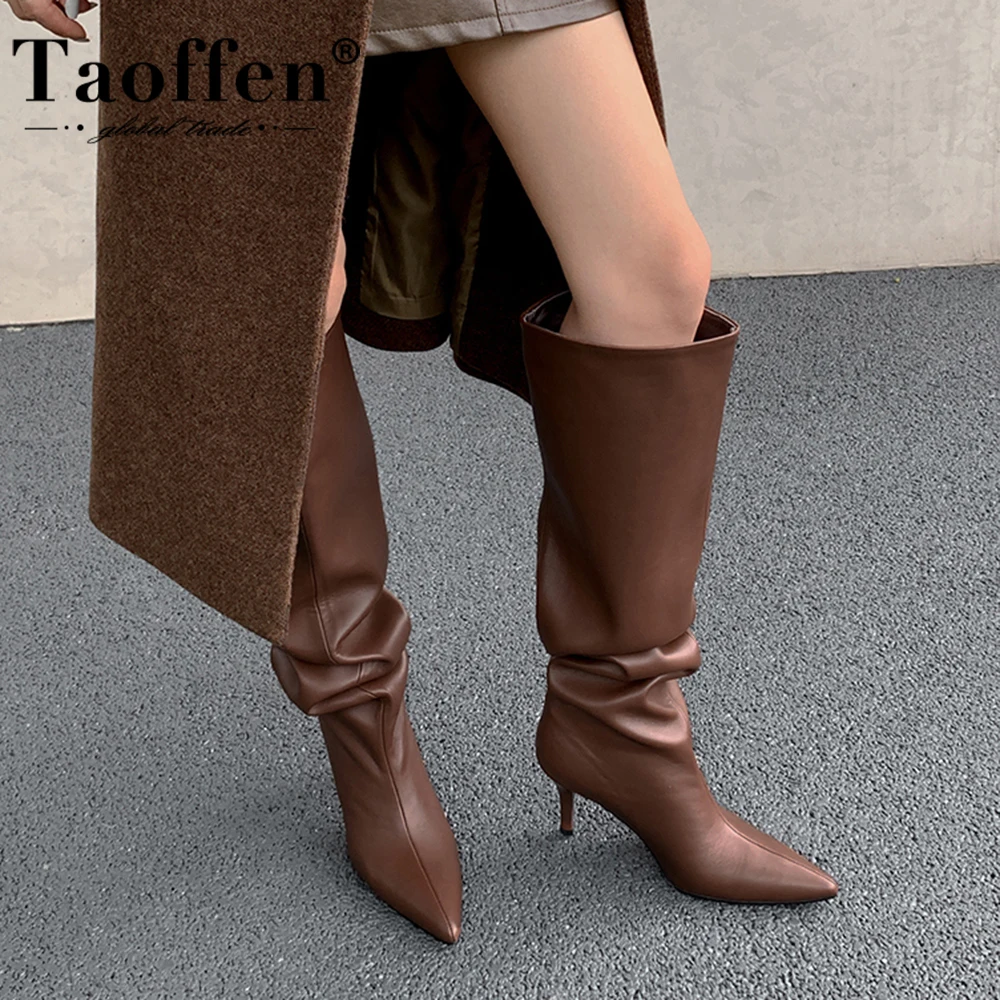 Pleated design pointed toe high heel wide calf boots - Image 2