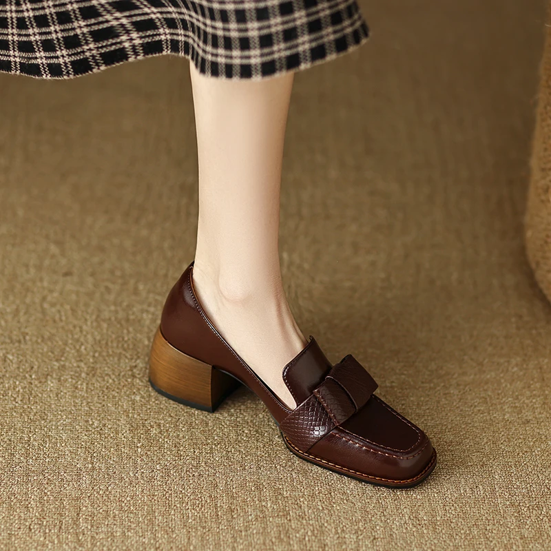 Square toe thick heel leather pumps for office wear - Image 6