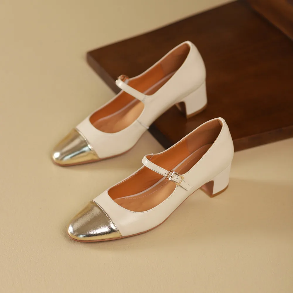 Genuine leather thick heeled mary jane pumps with buckle strap - Image 7