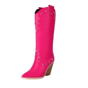 Rhinestone chunky heel knee high western boots