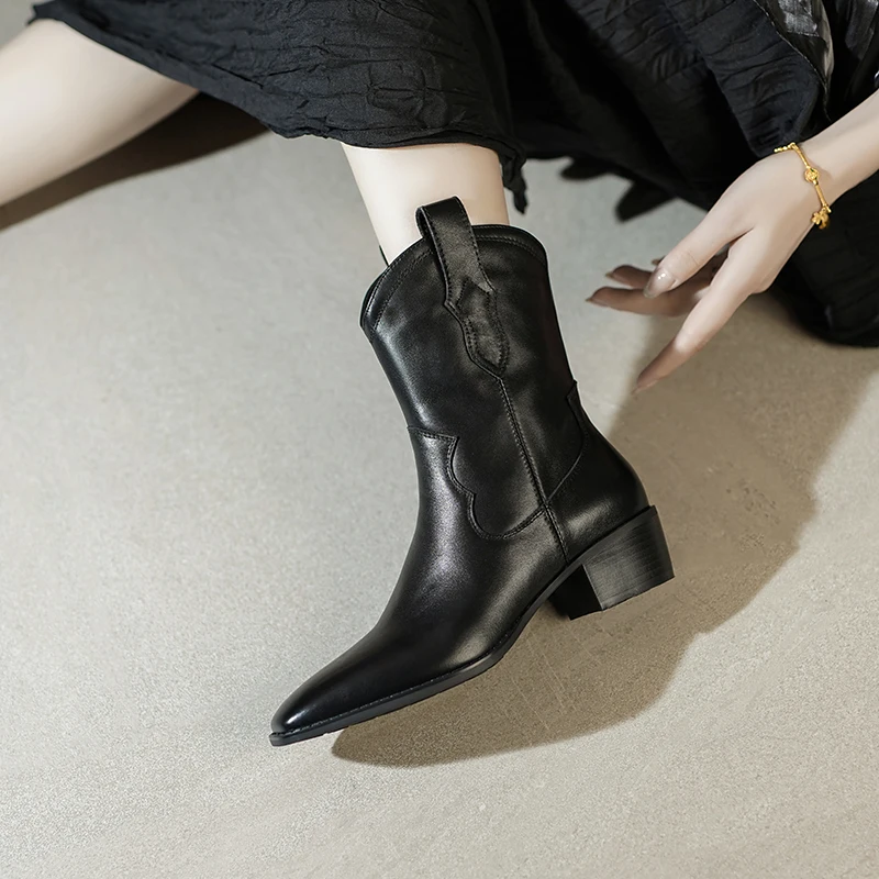 Retro square toe slip on mid calf boots with square heels in genuine leather - Image 7