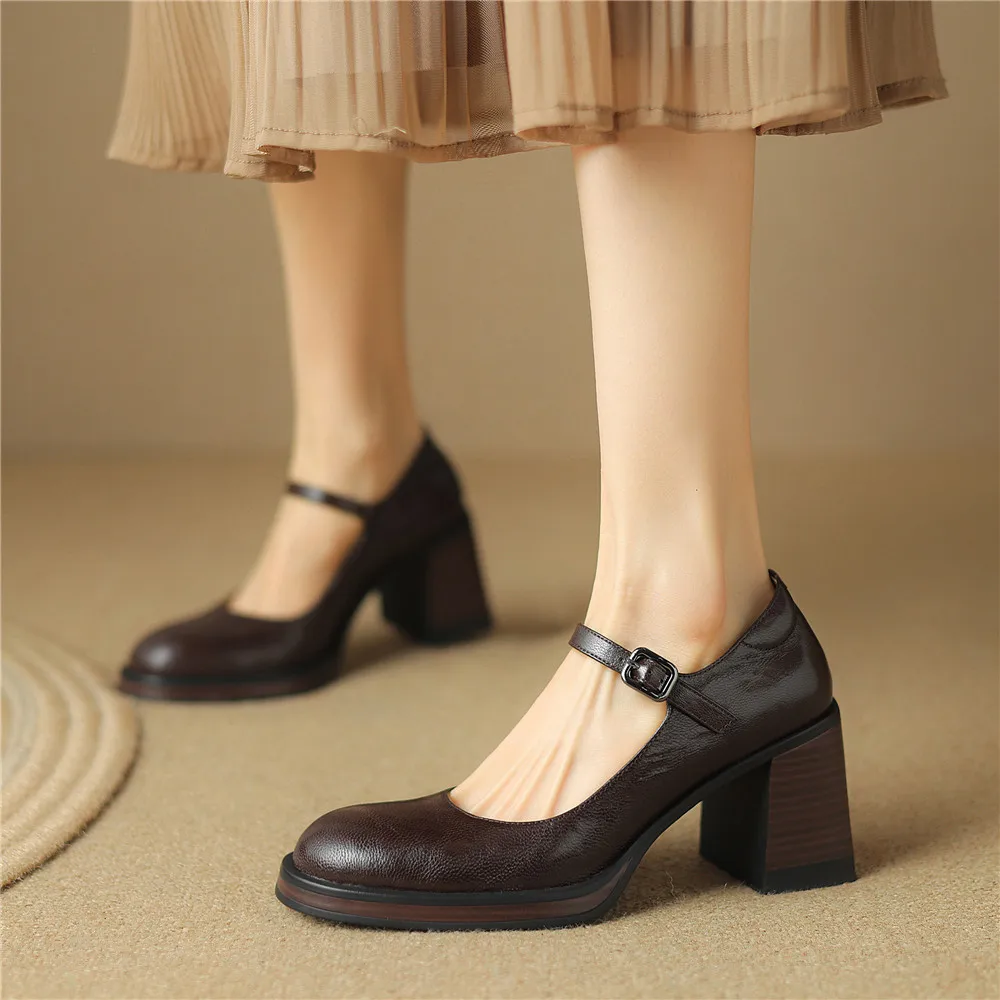 Genuine leather round toe high heels mary janes shoes - Image 2