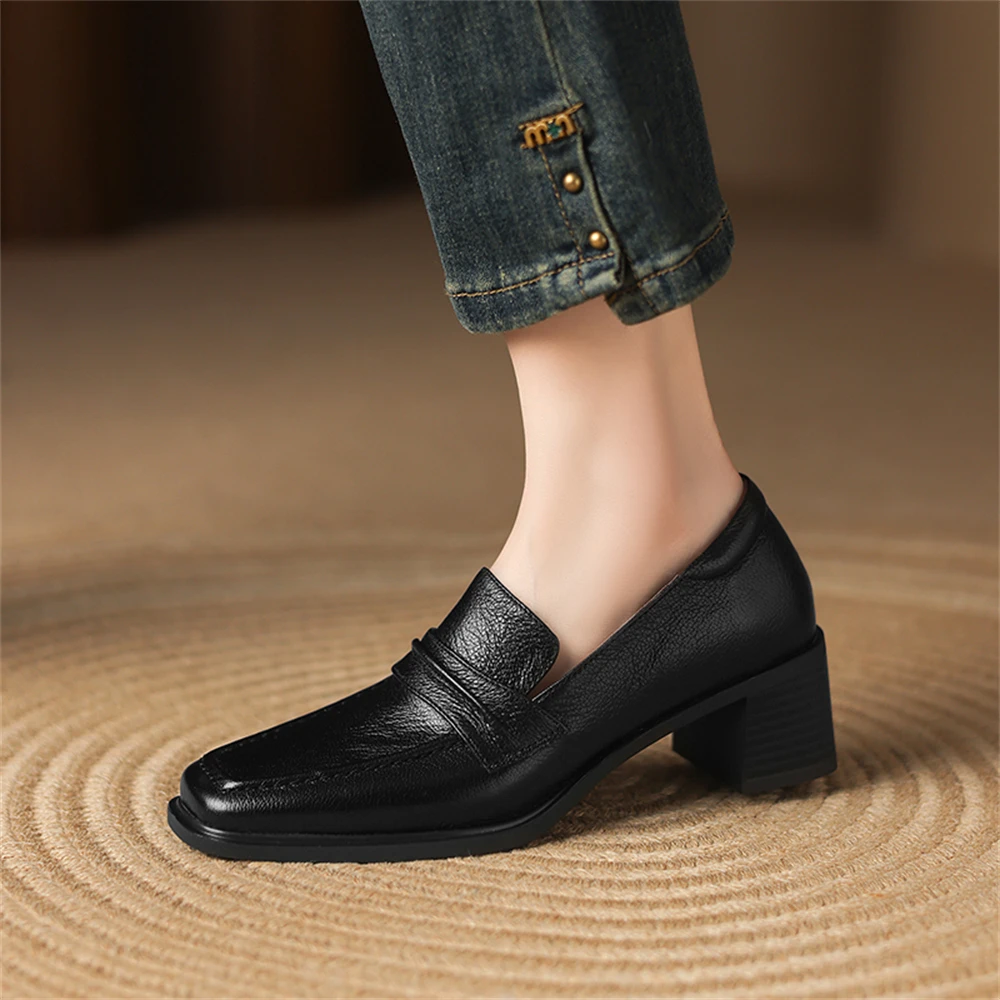 Retro genuine leather high heel pumps with square toe - Image 5