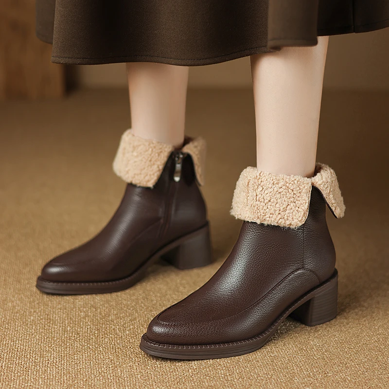 Genuine leather winter ankle boots with velvet lining and zipper - Image 5
