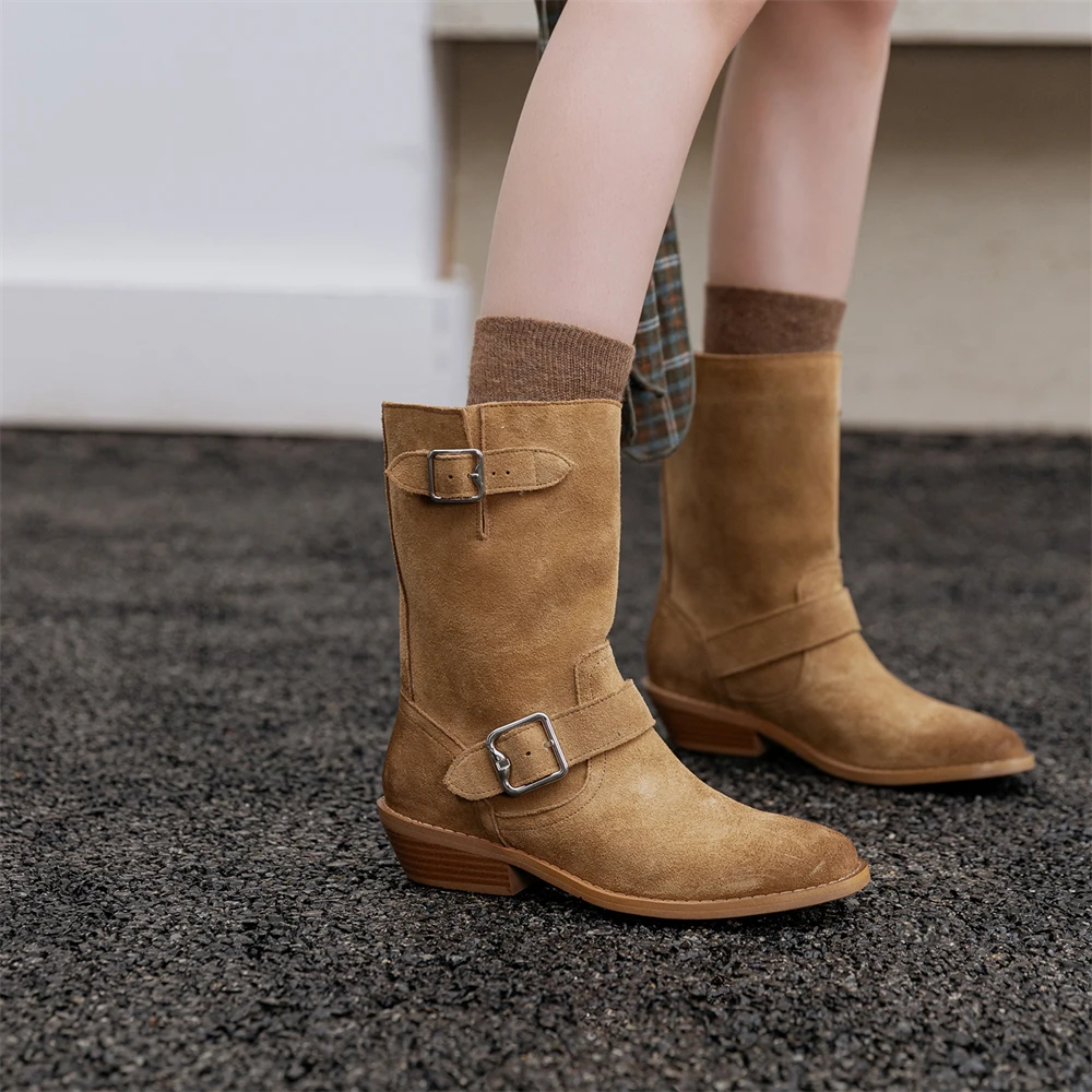 Mid-calf leather motorcycle boots with metal decoration - Image 2