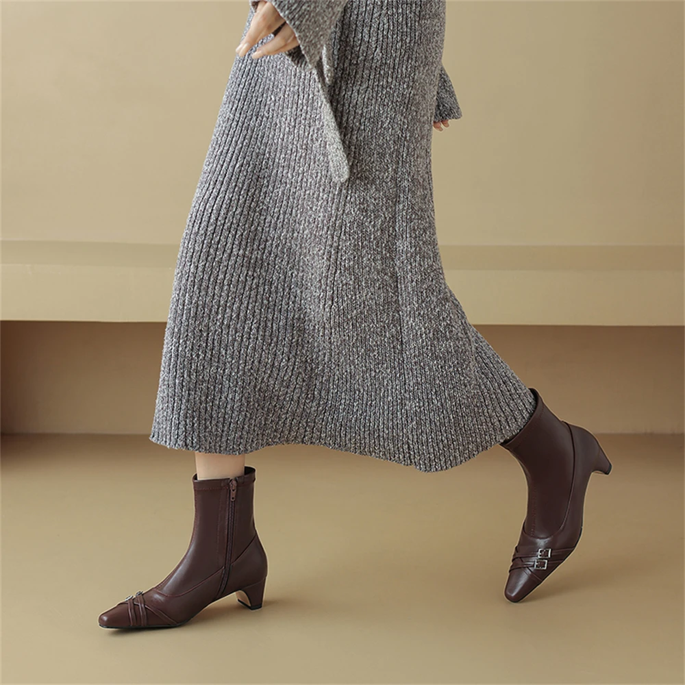 Pointed toe buckle ankle boots high heels genuine leather - Image 9