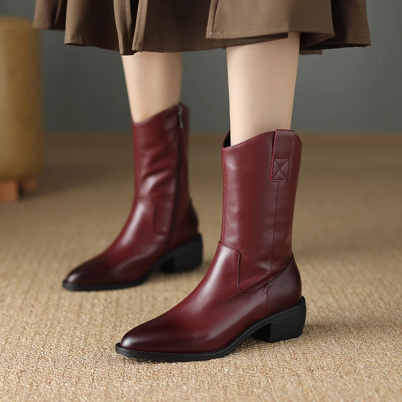 Genuine leather zipper mid calf boots with square heels - Image 5